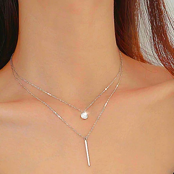 New Woman’s Layered Silver Necklace with Sparkling Circle Charm and Silver Bar - Picture 11 of 11